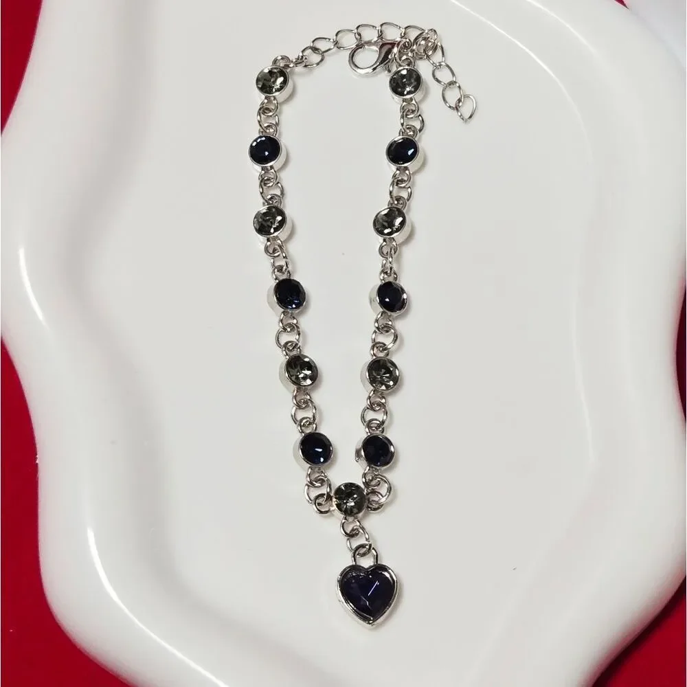 Elegant Blue Heart Crystal Bracelet Silver Stainless Steel Adjustable Feminine